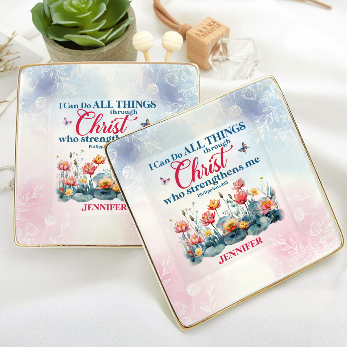 I Can Do All Things Through Christ - Personalized Ceramic Ring Dish Square