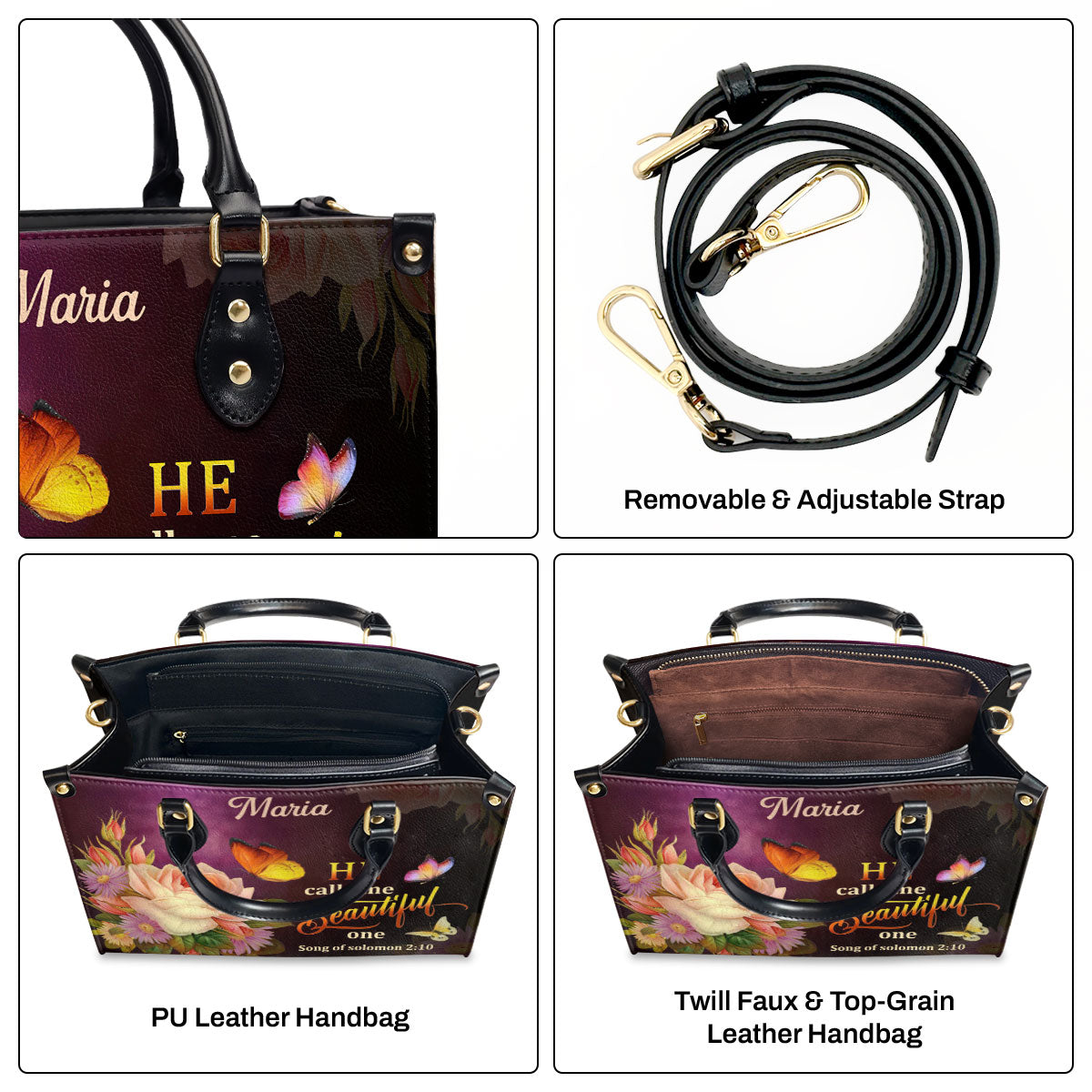 Jesuspirit | Personalized Leather Handbag With Handle | Solomon 2:10 | Flower And Butterfly | He Calls Me Beautiful One LHBMM676
