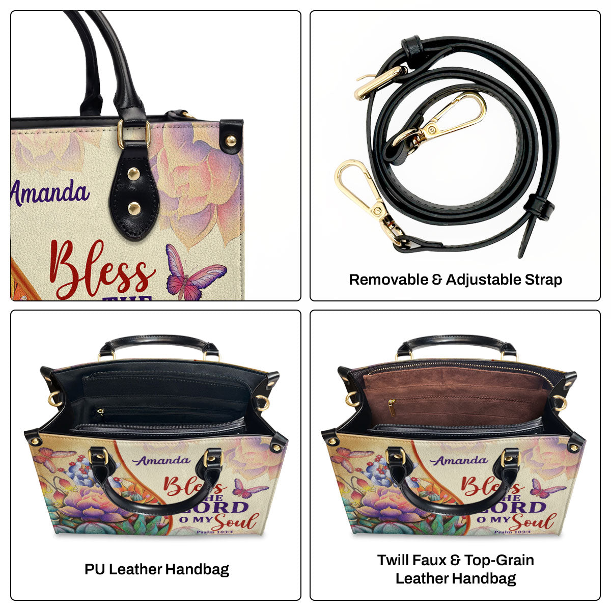 Jesuspirit | Bless The Lord O My Soul | Psalm 103:1 | Personalized Leather Handbag With Handle | Flower And Butterfly LHBM678