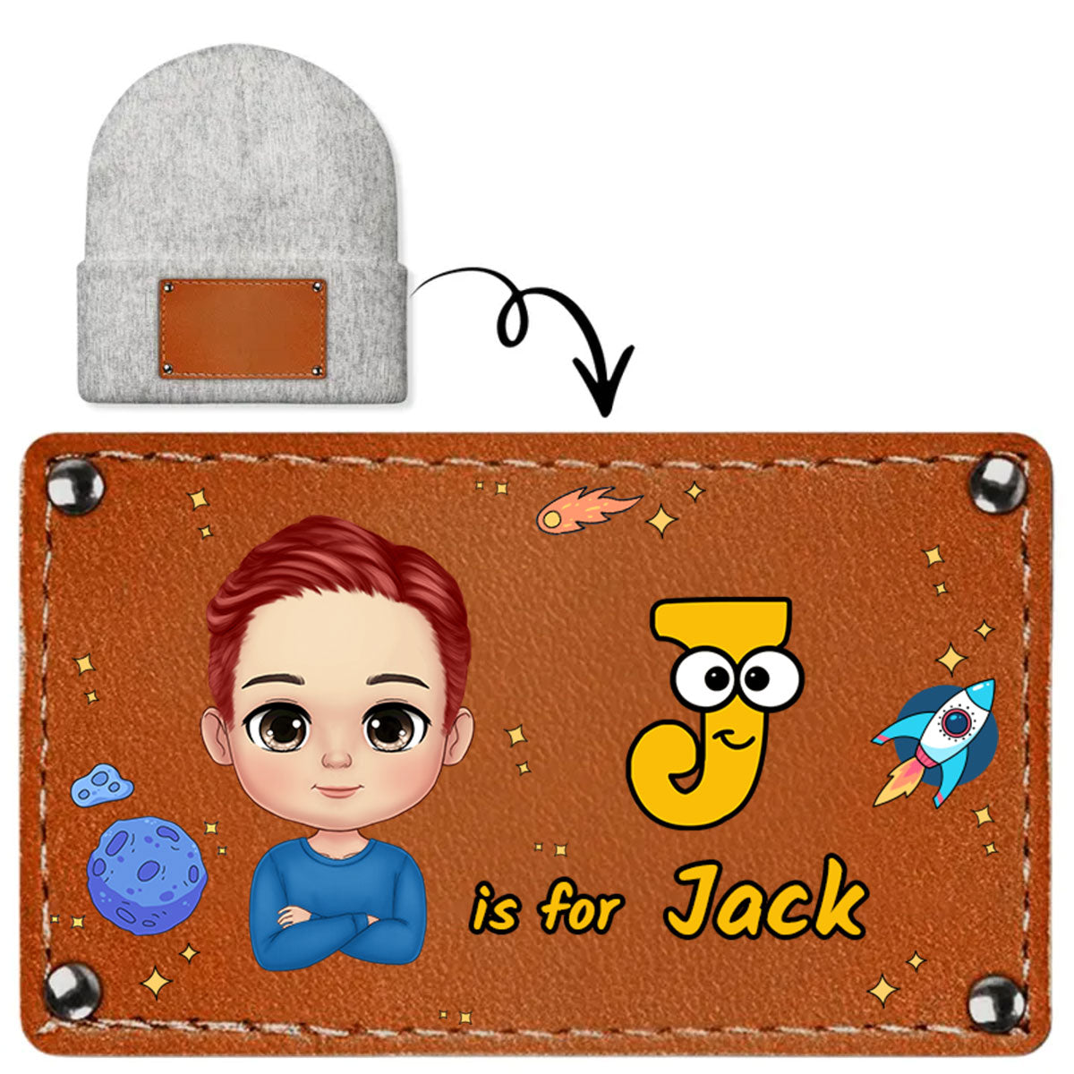 Kid's Name | Personalized Leather Knitted Beanie JSLKBPT1943M