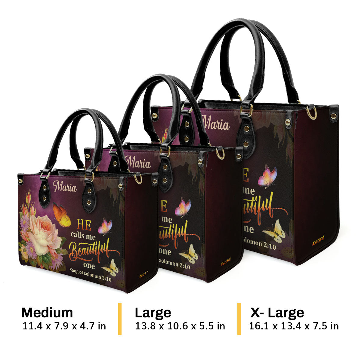 Jesuspirit | Personalized Leather Handbag With Handle | Solomon 2:10 | Flower And Butterfly | He Calls Me Beautiful One LHBMM676