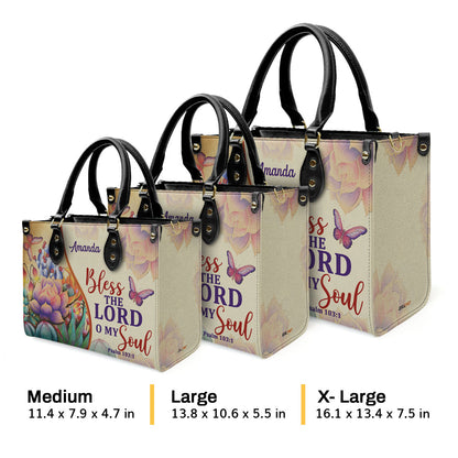 Jesuspirit | Bless The Lord O My Soul | Psalm 103:1 | Personalized Leather Handbag With Handle | Flower And Butterfly LHBM678