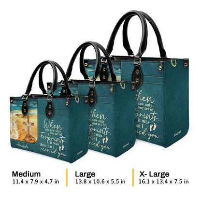 Jesuspirit | Personalized Leather Handbag With Long Strap | Footprints In The Sand | Special Gift For Christian Ladies LHBNUHN490