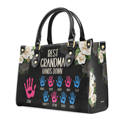 Best Grandma Hands Down | Personalized Leather Handbag With Zipper LHBH835