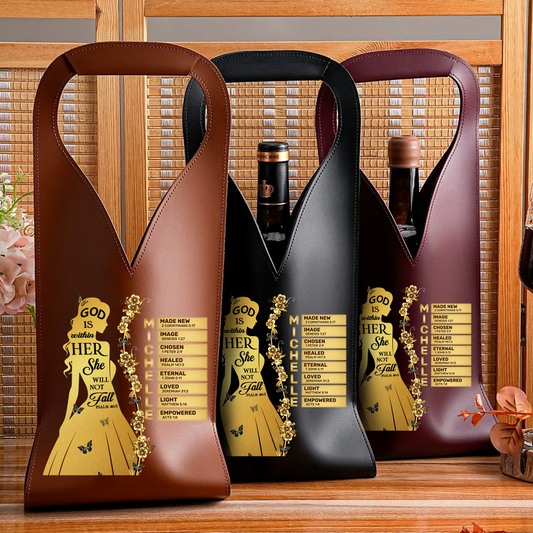 God Is Within Her She Will Not Fall | Personalized Leather Wine Bag