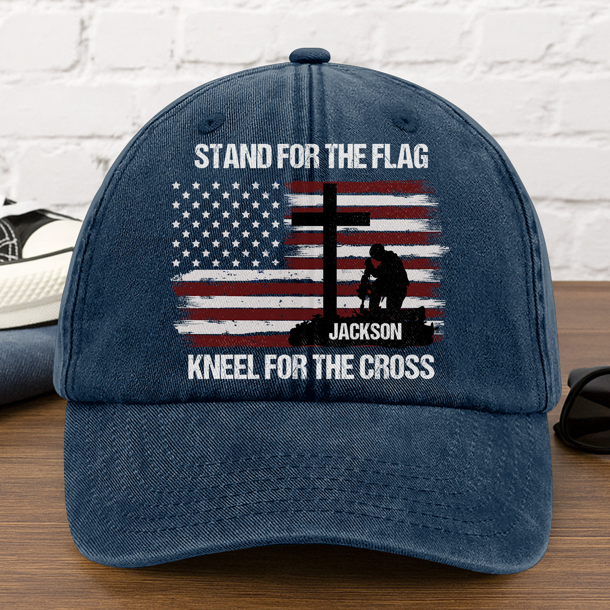 Stand For The Flag Kneel For The Cross  | Personalized Vintage Washed Denim Cap