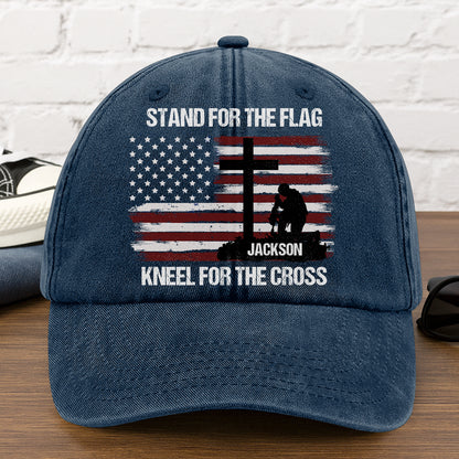 Stand For The Flag Kneel For The Cross  | Personalized Vintage Washed Denim Cap