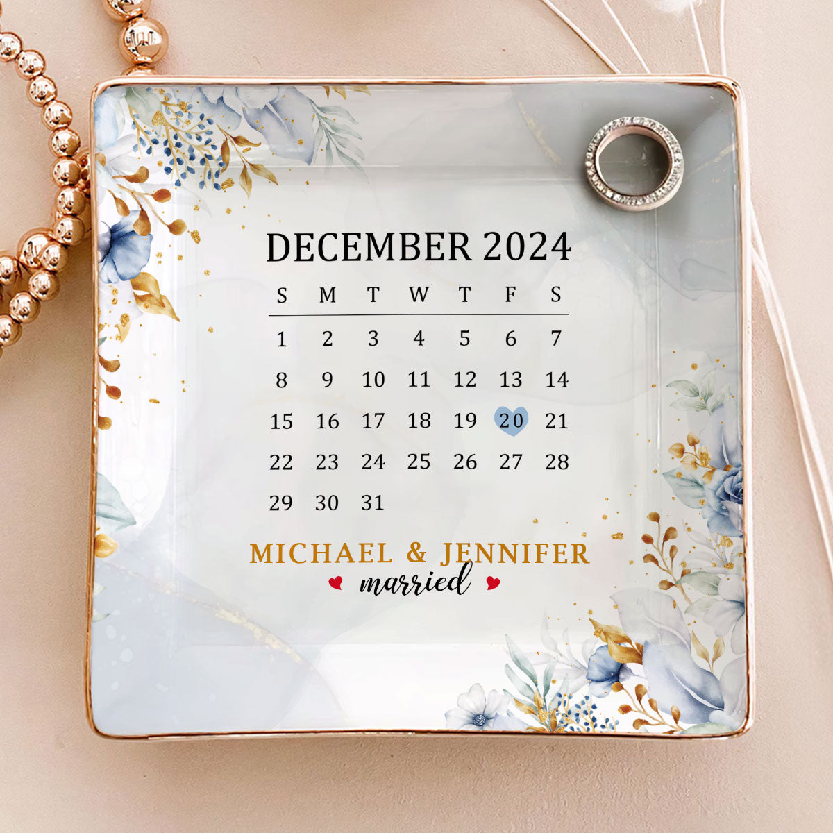 Wedding Calendar Date | Personalized Ceramic Ring Dish Square