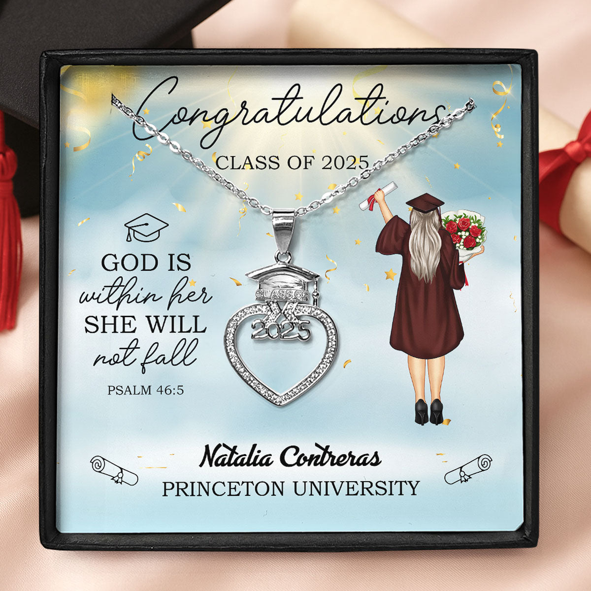 God Is Within Her She Will Not Fall | Personalized Grad Cap Heart Necklace With Box&Card