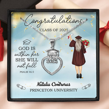 God Is Within Her She Will Not Fall | Personalized Grad Cap Heart Necklace With Box&Card