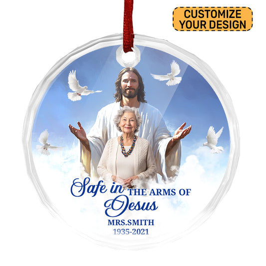 Safe In The Arms Of Jesus | Personalized 1-Side Round Glass Ornament JSURGOPPN1582L