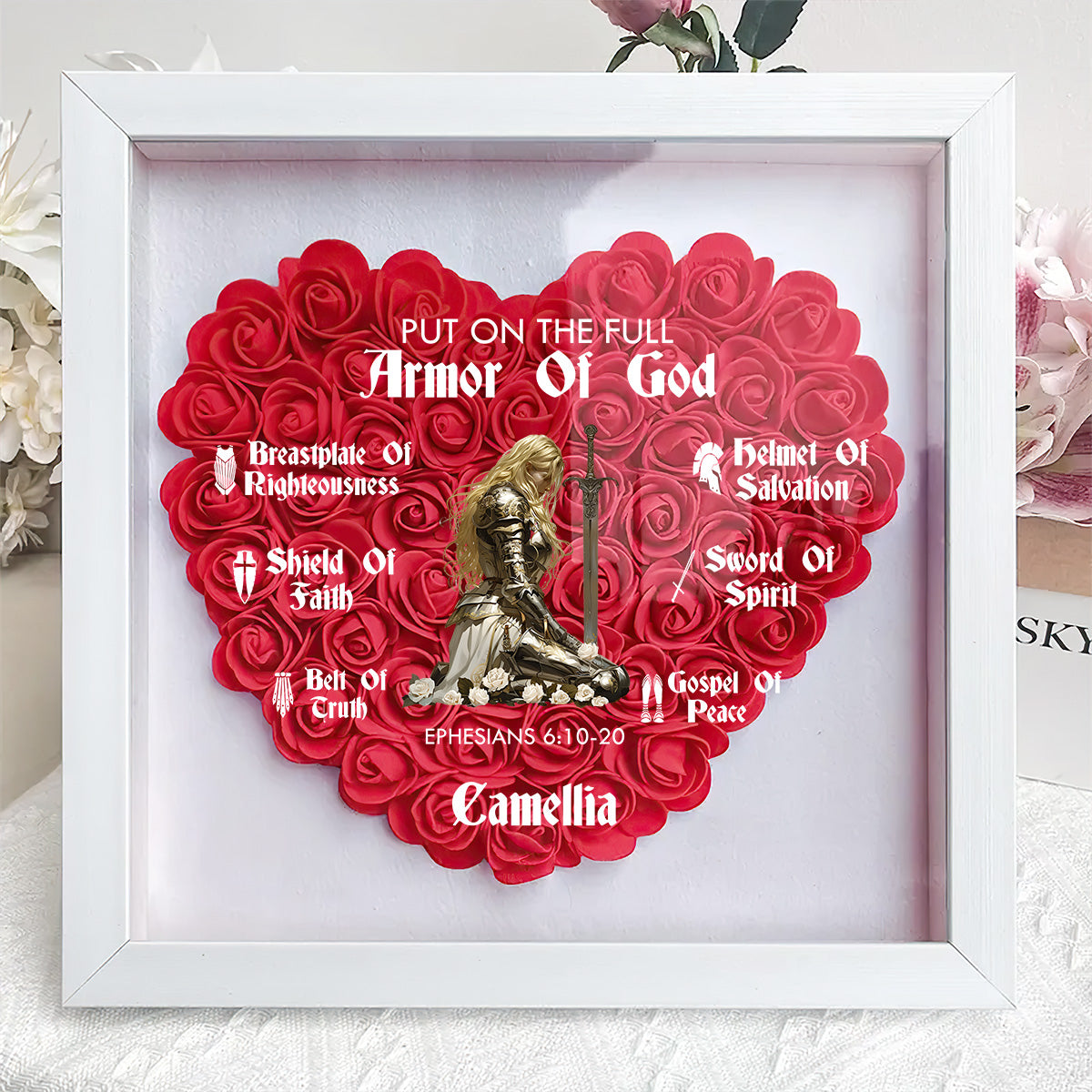 Put On The Full Armor Of God  | Personalized Heart Flower Shadow Box