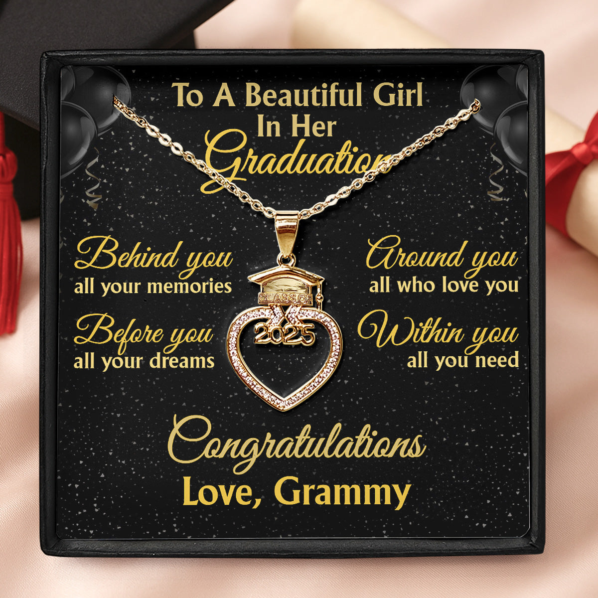 To A Beautifull Girl In Her Graduation | Personalized Grad Cap Heart Necklace With Box&Card