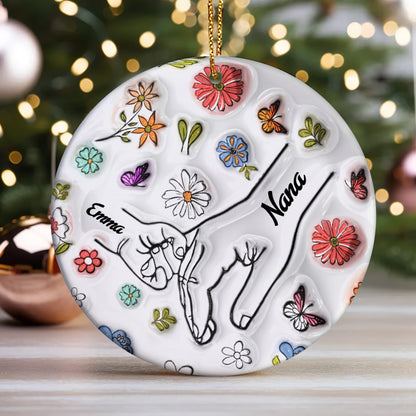 Hand In Hand Grandma Grandkids | Personalized Round Shaped Ceramic Ornament JSRSCOHLPA2608L