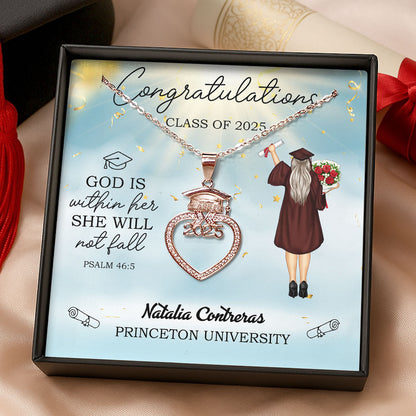 God Is Within Her She Will Not Fall | Personalized Grad Cap Heart Necklace With Box&Card