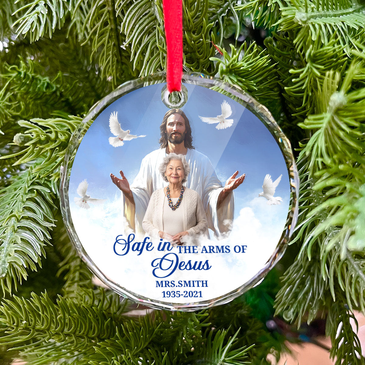 Safe In The Arms Of Jesus | Personalized 1-Side Round Glass Ornament JSURGOPPN1582L