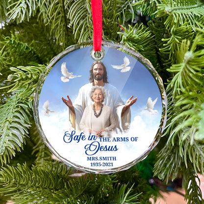 Safe In The Arms Of Jesus | Personalized 1-Side Round Glass Ornament JSURGOPPN1582L
