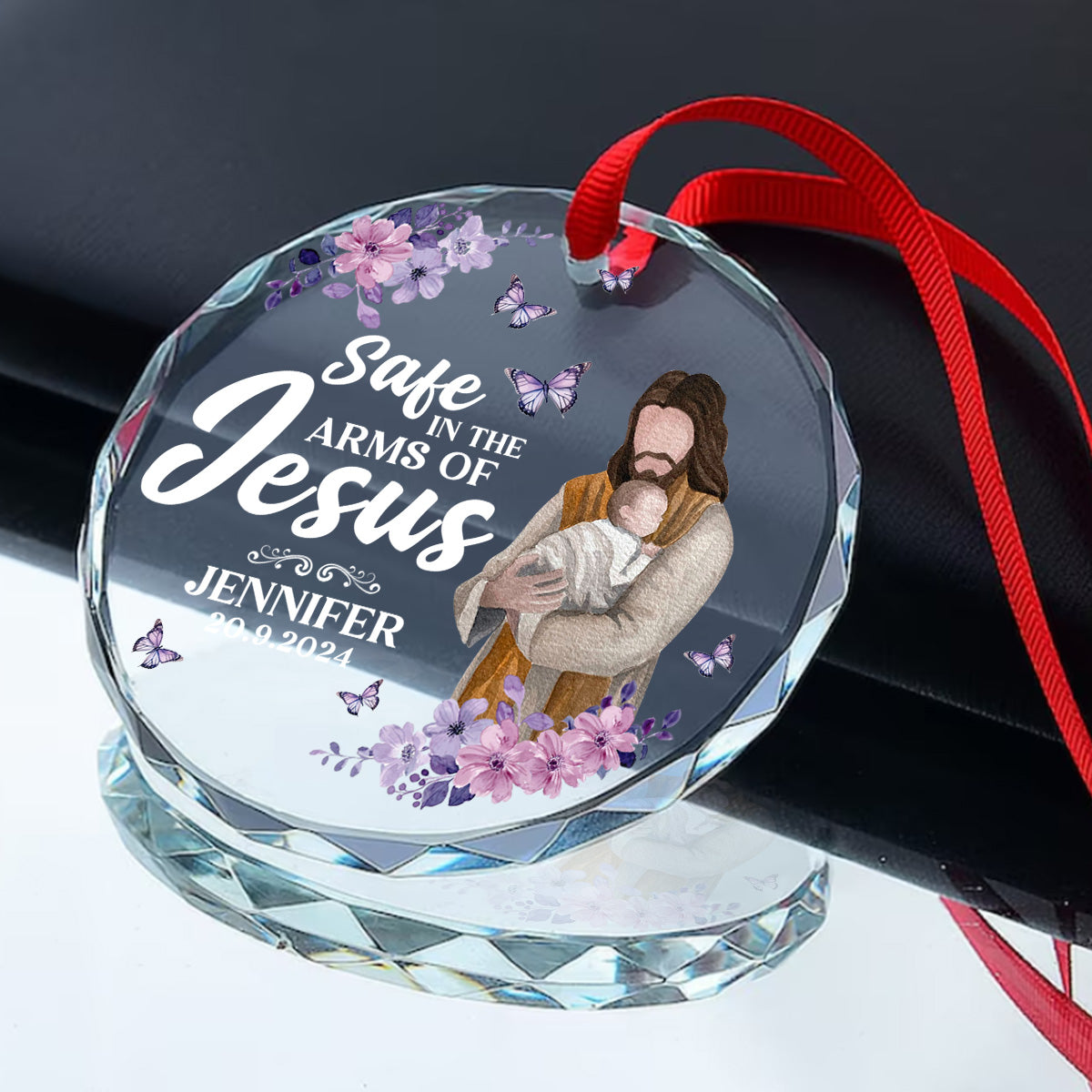 Baby Safe In The Arms Of Jesus | Personalized 1-Side Round Glass Ornament JSURGOPHLPA2677D