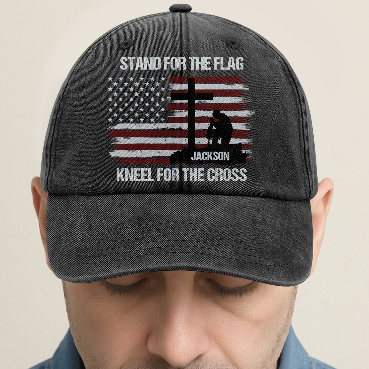 Stand For The Flag Kneel For The Cross  | Personalized Vintage Washed Denim Cap