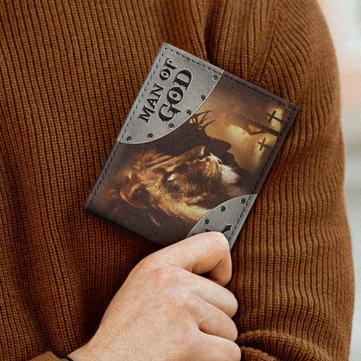 Man Of God With Lion And Cross | Personalized Folded Wallet For Men