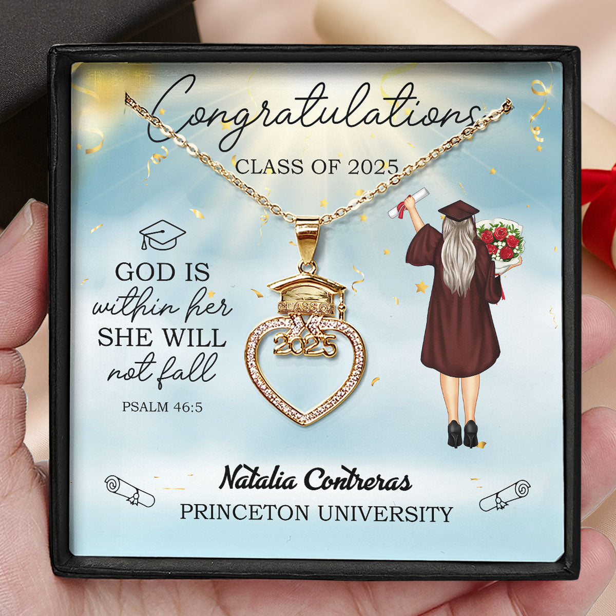 God Is Within Her She Will Not Fall | Personalized Grad Cap Heart Necklace With Box&Card