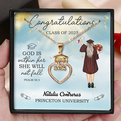 God Is Within Her She Will Not Fall | Personalized Grad Cap Heart Necklace With Box&Card