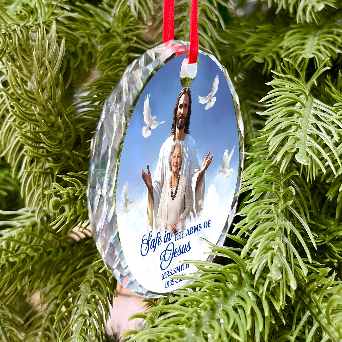 Safe In The Arms Of Jesus | Personalized 1-Side Round Glass Ornament JSURGOPPN1582L