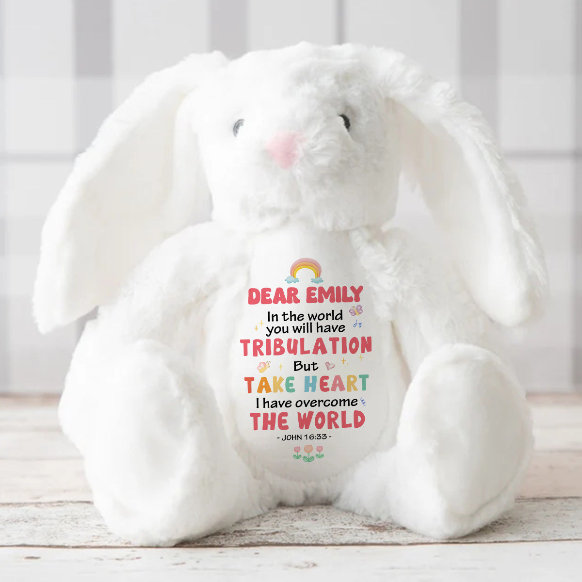 Take Heart And Overcome The World | Personalized Stuffed Bunny