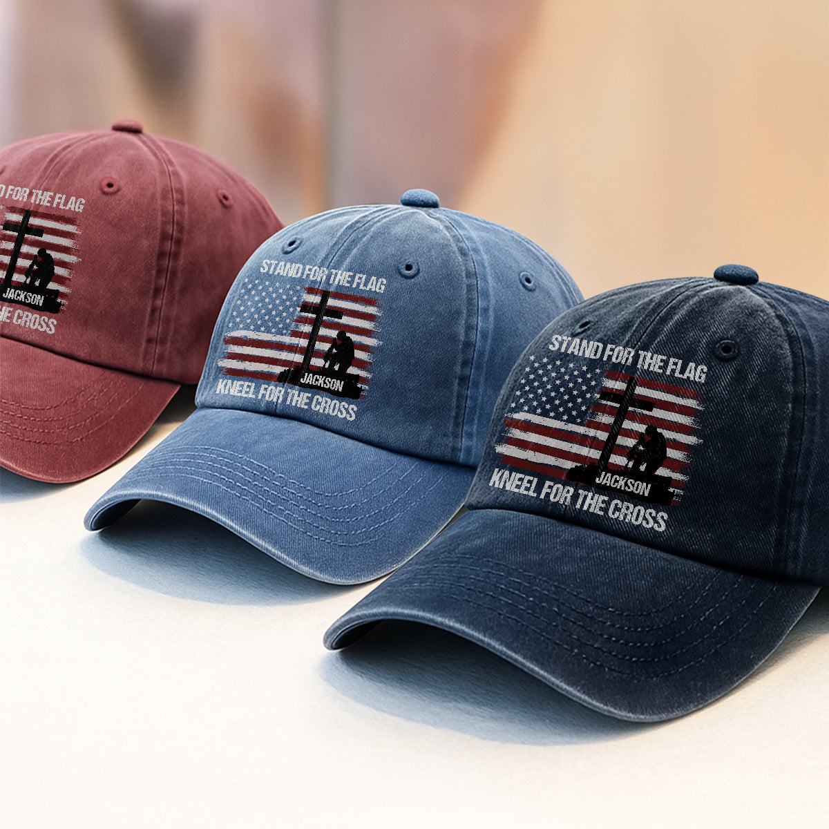 Stand For The Flag Kneel For The Cross  | Personalized Vintage Washed Denim Cap