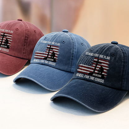 Stand For The Flag Kneel For The Cross  | Personalized Vintage Washed Denim Cap