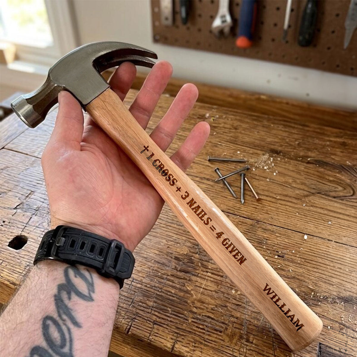 1 Cross 3 Nails 4 Given | Personalized Wooden Hammer