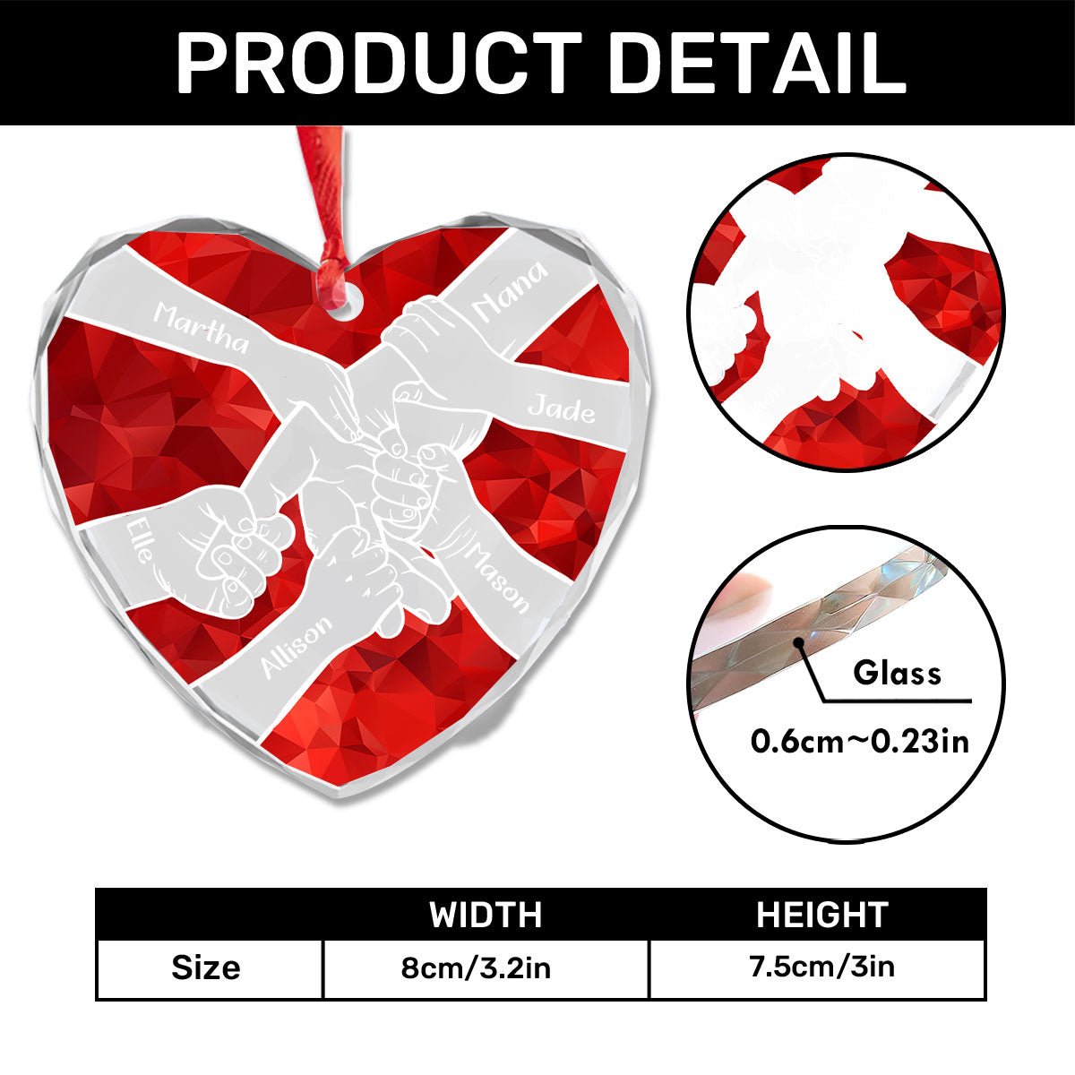 Hand In Hand Crystal Style Grandparents Grandkids | Personalized Heart Shaped Glass Ornament JSHGOPN2607T