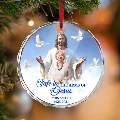 Safe In The Arms Of Jesus | Personalized 1-Side Round Glass Ornament JSURGOPPN1582L
