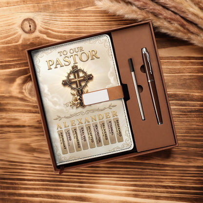 To Our Pastor For Having The Heart Of A Servant Leader | Personalized Leather Notebook & Pen Set