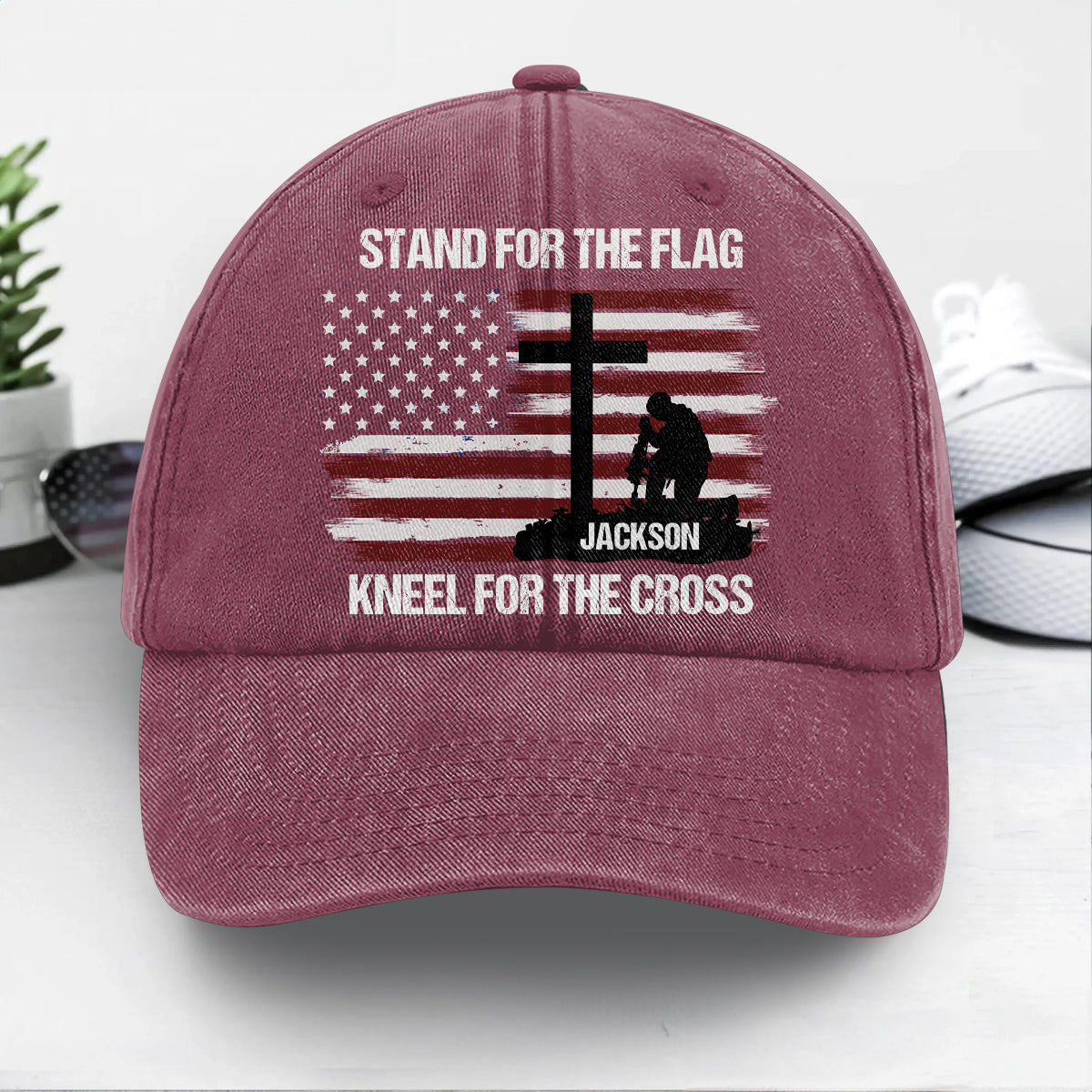 Stand For The Flag Kneel For The Cross  | Personalized Vintage Washed Denim Cap