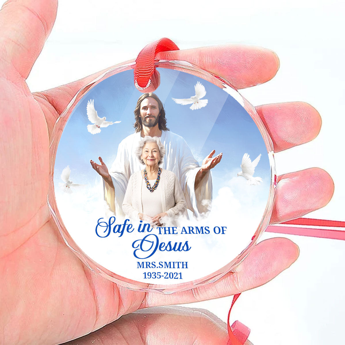 Safe In The Arms Of Jesus | Personalized 1-Side Round Glass Ornament JSURGOPPN1582L
