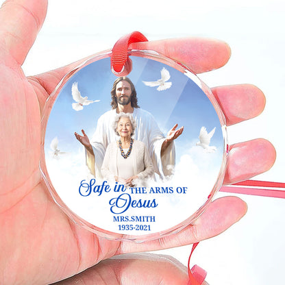 Safe In The Arms Of Jesus | Personalized 1-Side Round Glass Ornament JSURGOPPN1582L