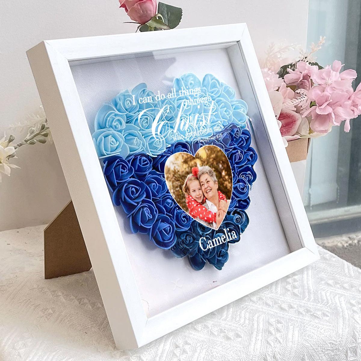 I Can Do All Things Through Christ Who Strengthens Me  | Personalized Heart Flower Shadow Box