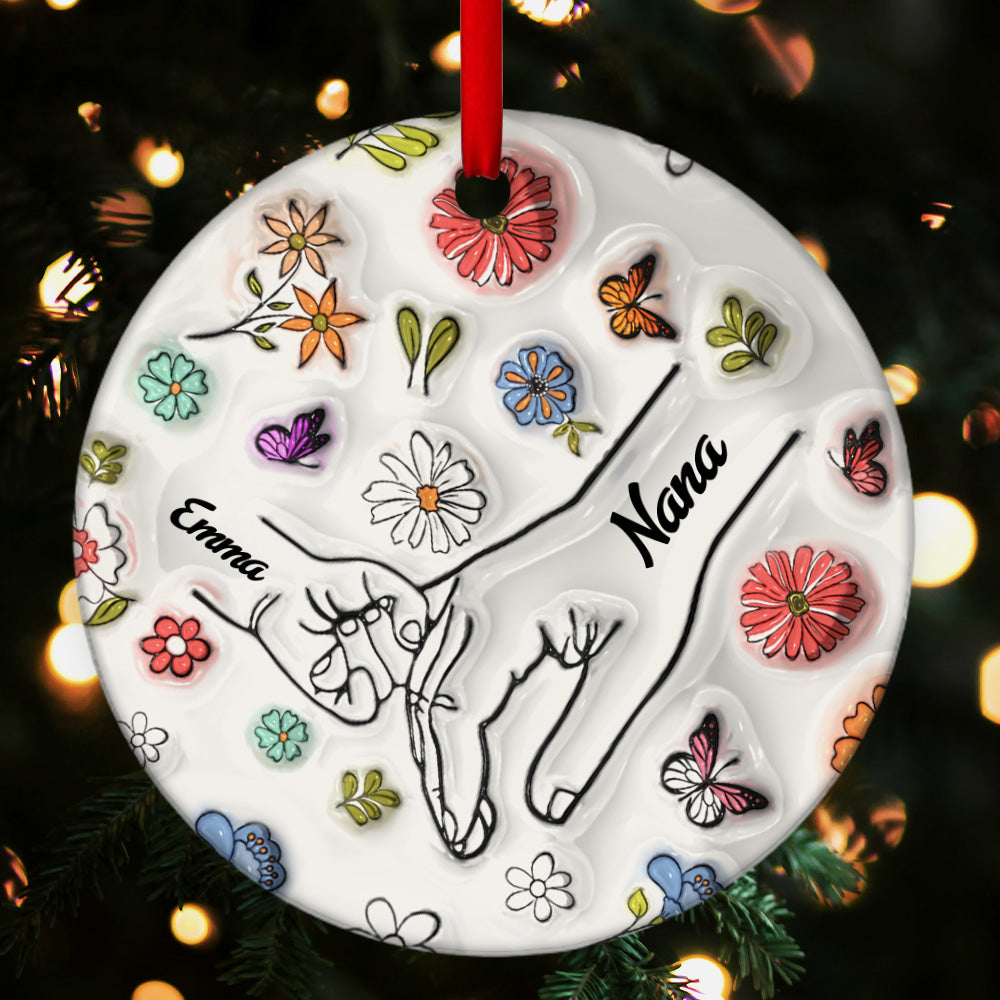 Hand In Hand Grandma Grandkids | Personalized Round Shaped Ceramic Ornament JSRSCOHLPA2608L