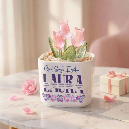 God Says I Am | Personalized Glass Everlasting Tulips