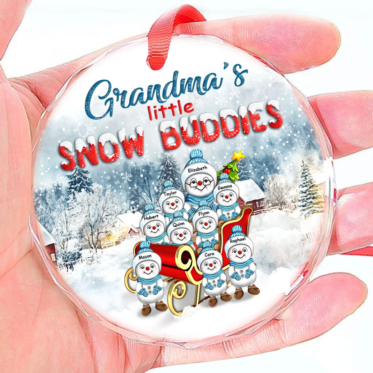 Grandma's Little Snow Buddies | Personalized 1-Side Round Glass Ornament JSURGOPPN2653T