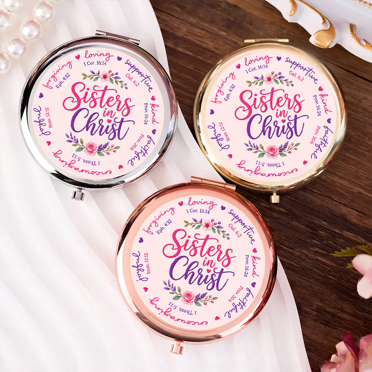 Sisters in Christ | Personalized Circle Metallic Mirror