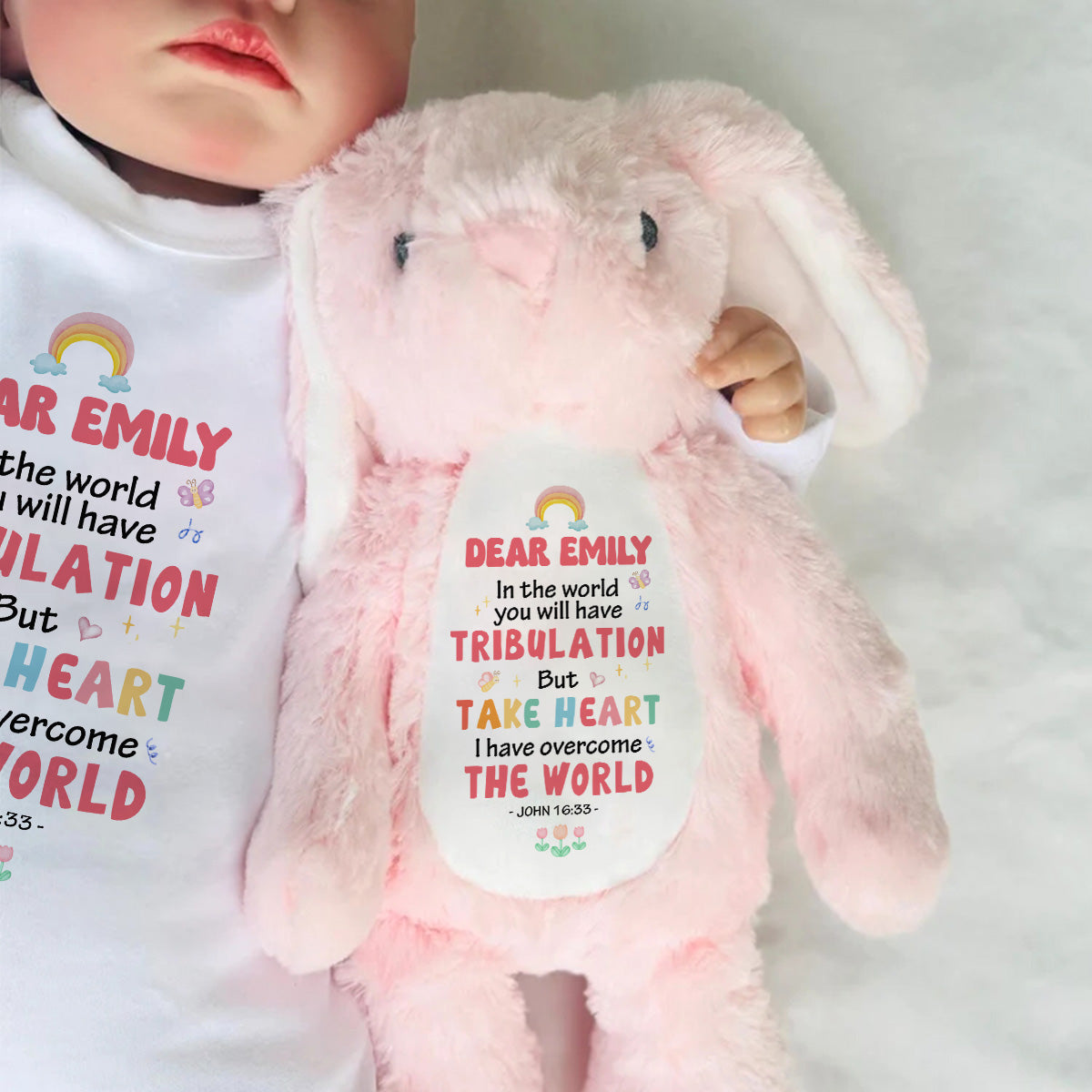 Take Heart And Overcome The World | Personalized Stuffed Bunny