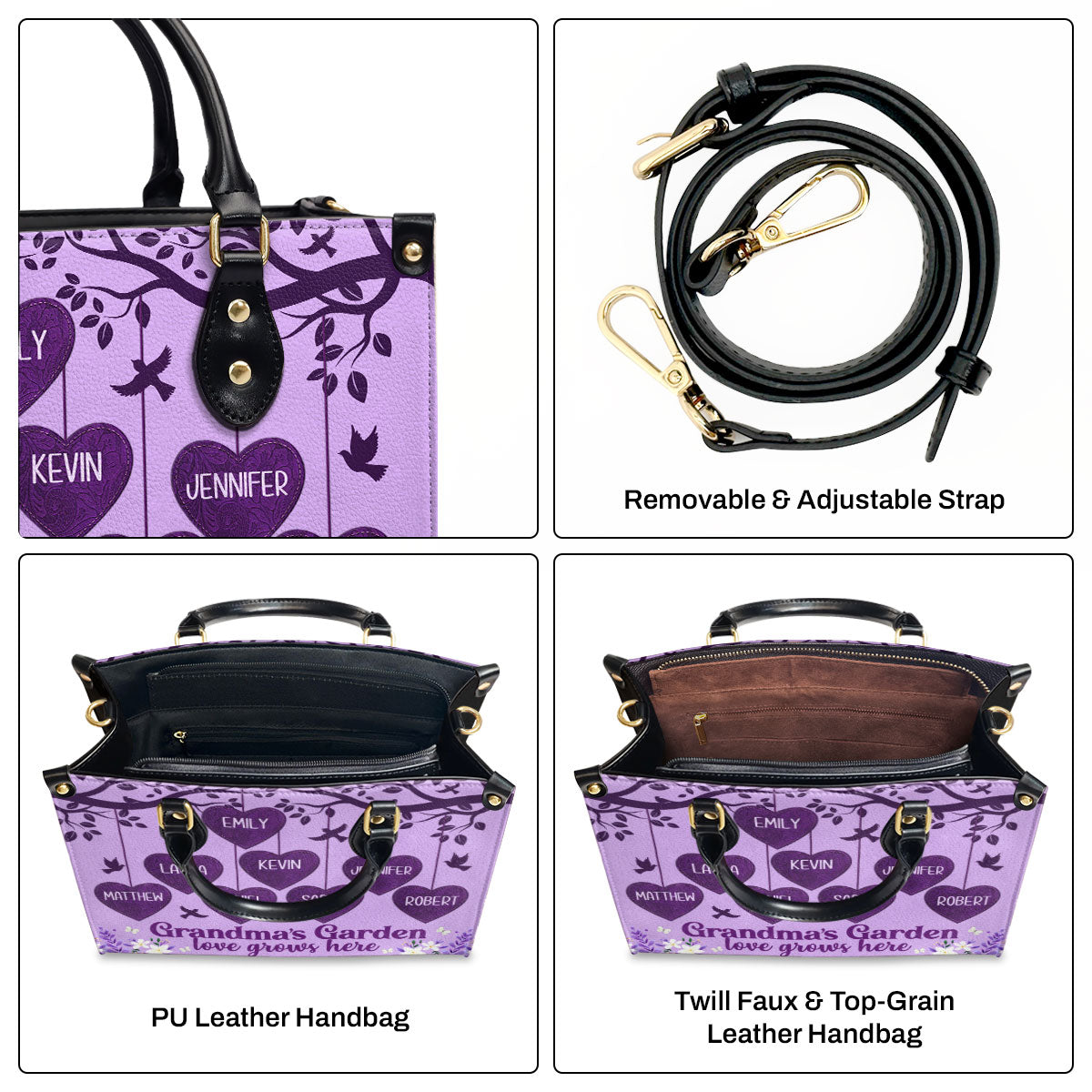 Grandma's Garden Love Grows Here | Personalized Leather Handbag