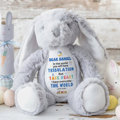 Take Heart And Overcome The World | Personalized Stuffed Bunny