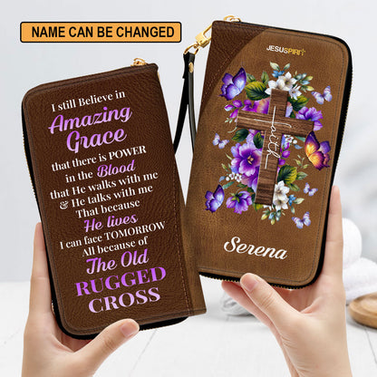 Jesuspirit | Personalized Zippered Leather Clutch Purse | I Still Believe In Amazing Grace | Faith Cross And Floral | Christ Gifts For Religious Women CP12H