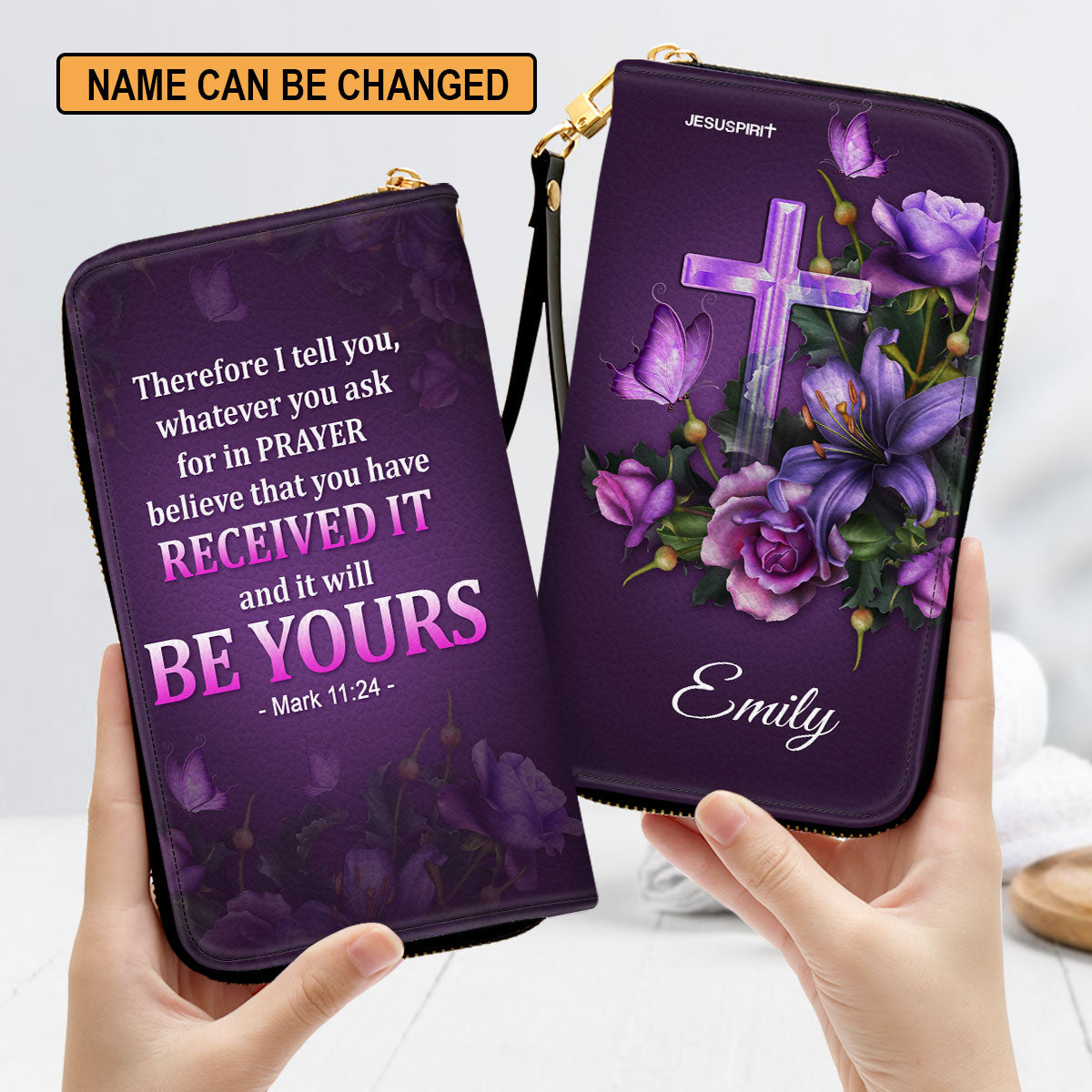 Jesuspirit | Christian Spiritual Gifts For Religious Women | Personalized Purple Zippered Leather Clutch Purse | Mark 11:24 | Believe That You Have Received It NUH485H