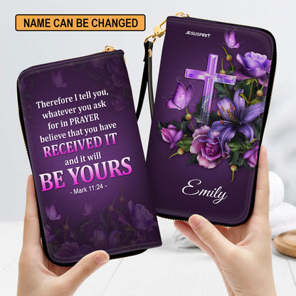 Jesuspirit | Christian Spiritual Gifts For Religious Women | Personalized Purple Zippered Leather Clutch Purse | Mark 11:24 | Believe That You Have Received It NUH485H