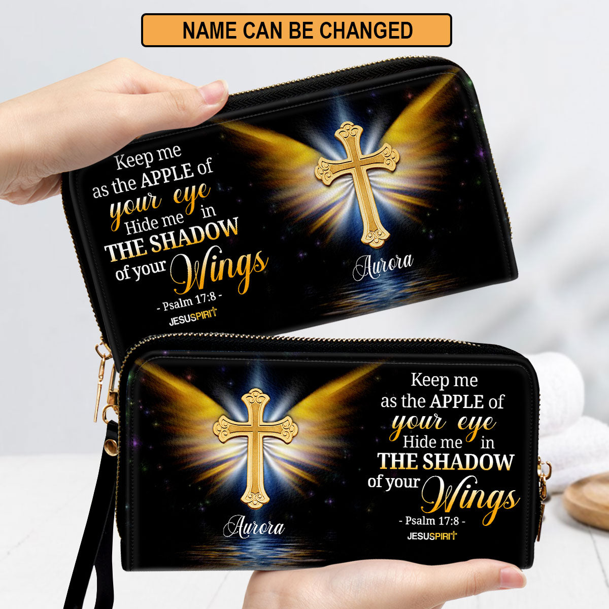 Jesuspirit | Personalized Zippered Leather Clutch Purse With Wristlet Strap Handle | Psalm 17:8 | Scripture Gifts For Christian Women CPH779