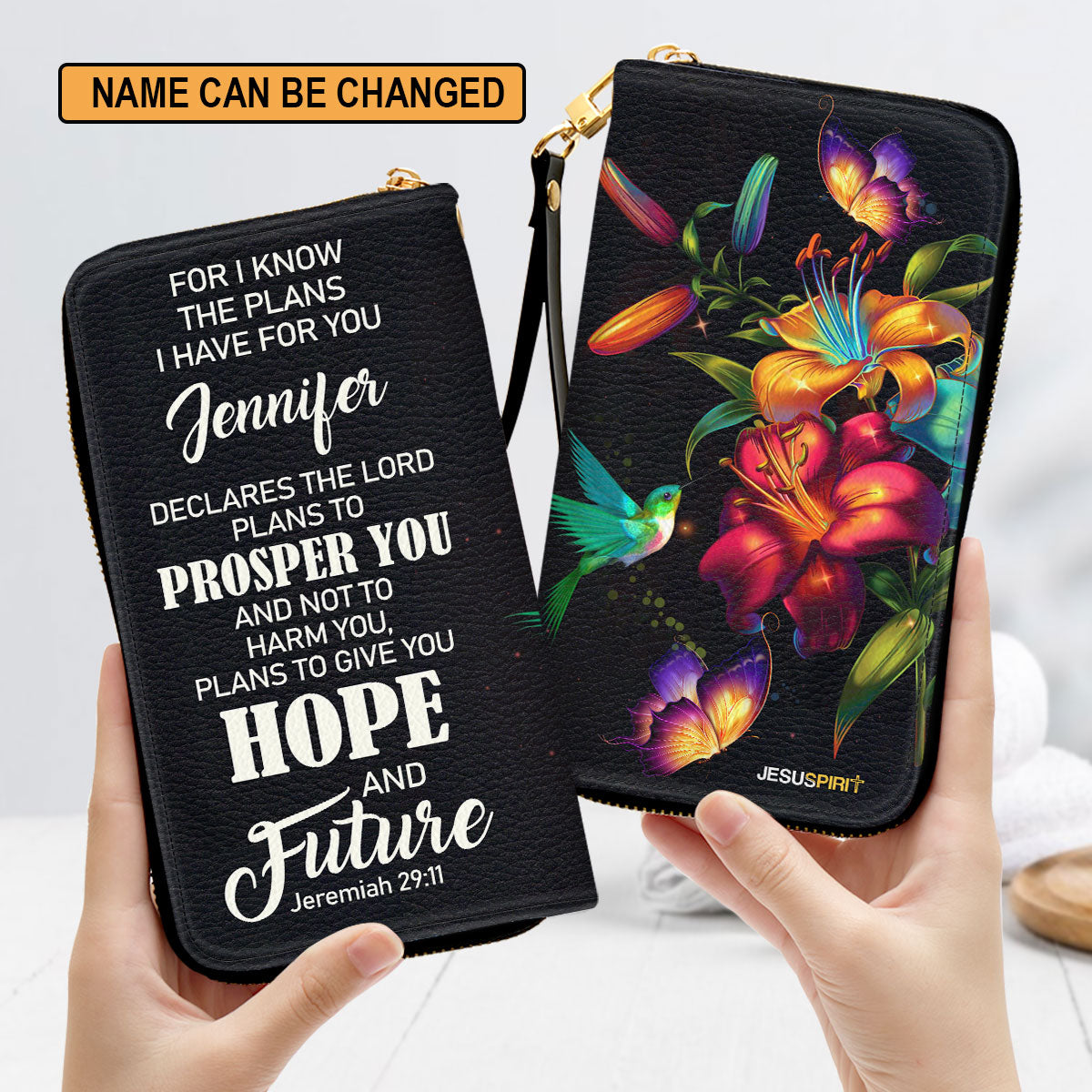 Jesuspirit | The Lord Plans To Prosper You And Not To Harm You | Jeremiah 29:11 | Personalized  Zippered Leather Clutch Purse | Christian Gifts For Women NUH283H